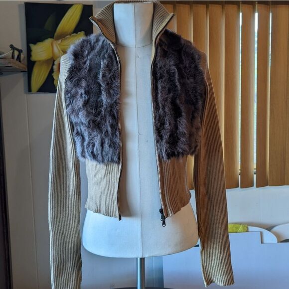 PINKO Zipper Front Waterfall Cardigan Sweater Fur Trim Weave Large Brown - Picture 1 of 7